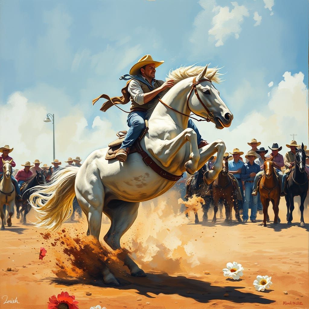 Wild Stallion at Rodeo: Gouache Painting with Gold Accents