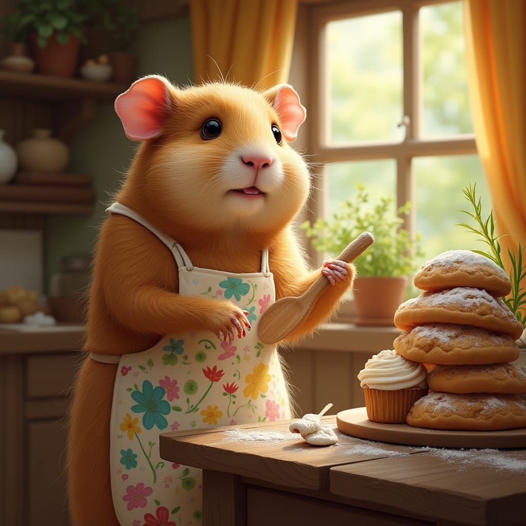 Whimsical Guinea Pig Grandma in Cozy Treehouse Kitchen