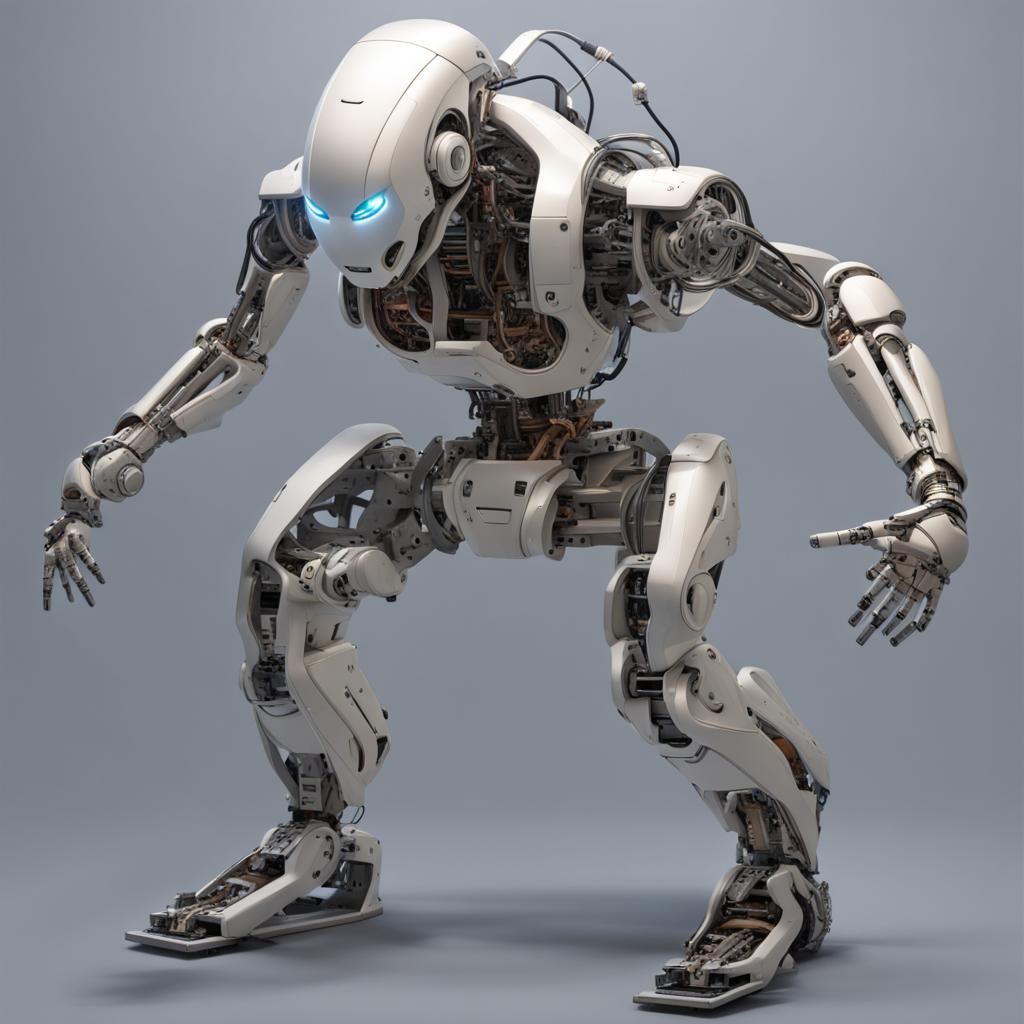 Full view of human/ robot hybrid,  hyperdetailed skin and luminescent machinery, 
 Cognitive robotics