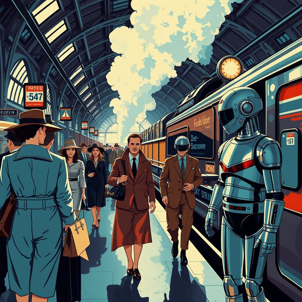 Retro-Futuristic Train Station in 1960s Poster Style