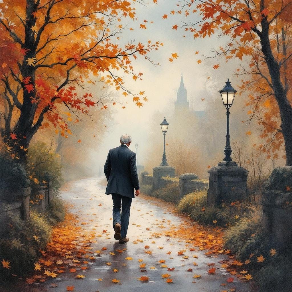 English Autumn Scene in Gouache Style