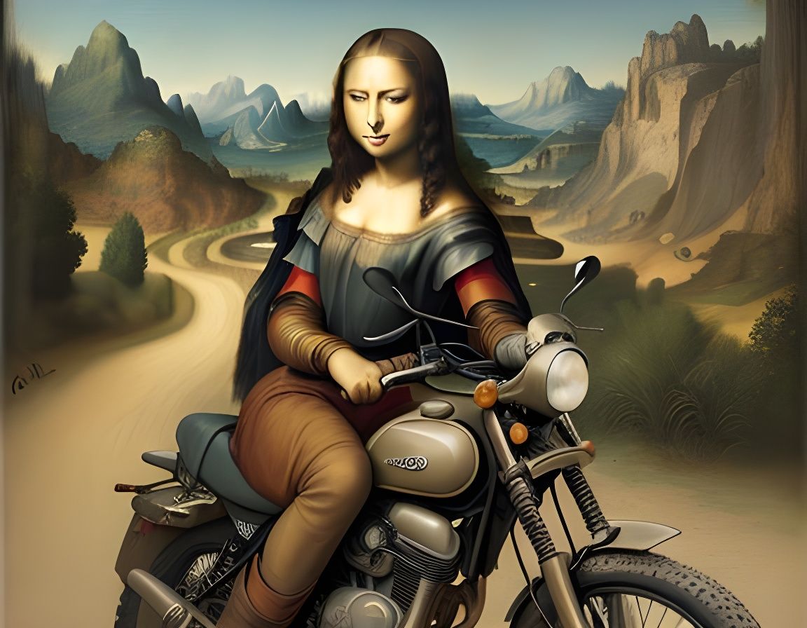 Mona Lisa posing on an offroad motorcycle  in an Italian landscape