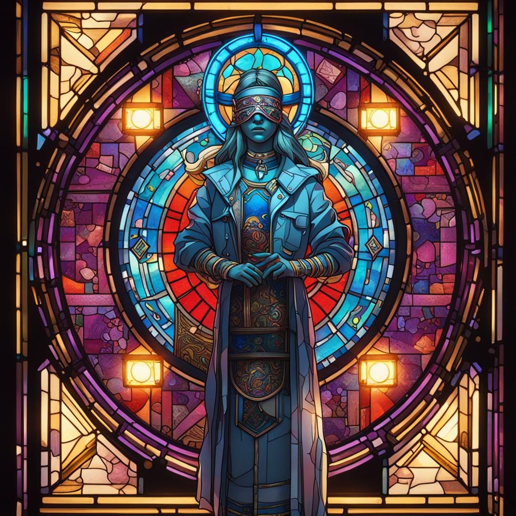Cyberpunk Fortune Goddess in Stained Glass