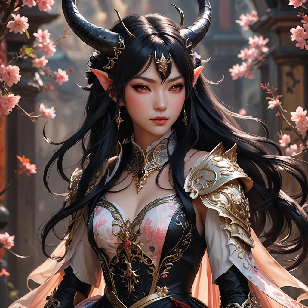 Anime Tiefling Portrait with Intricate Dress