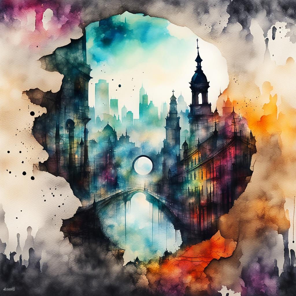 Double Exposure Ink Painting with Cityscape and Alien Landsc...
