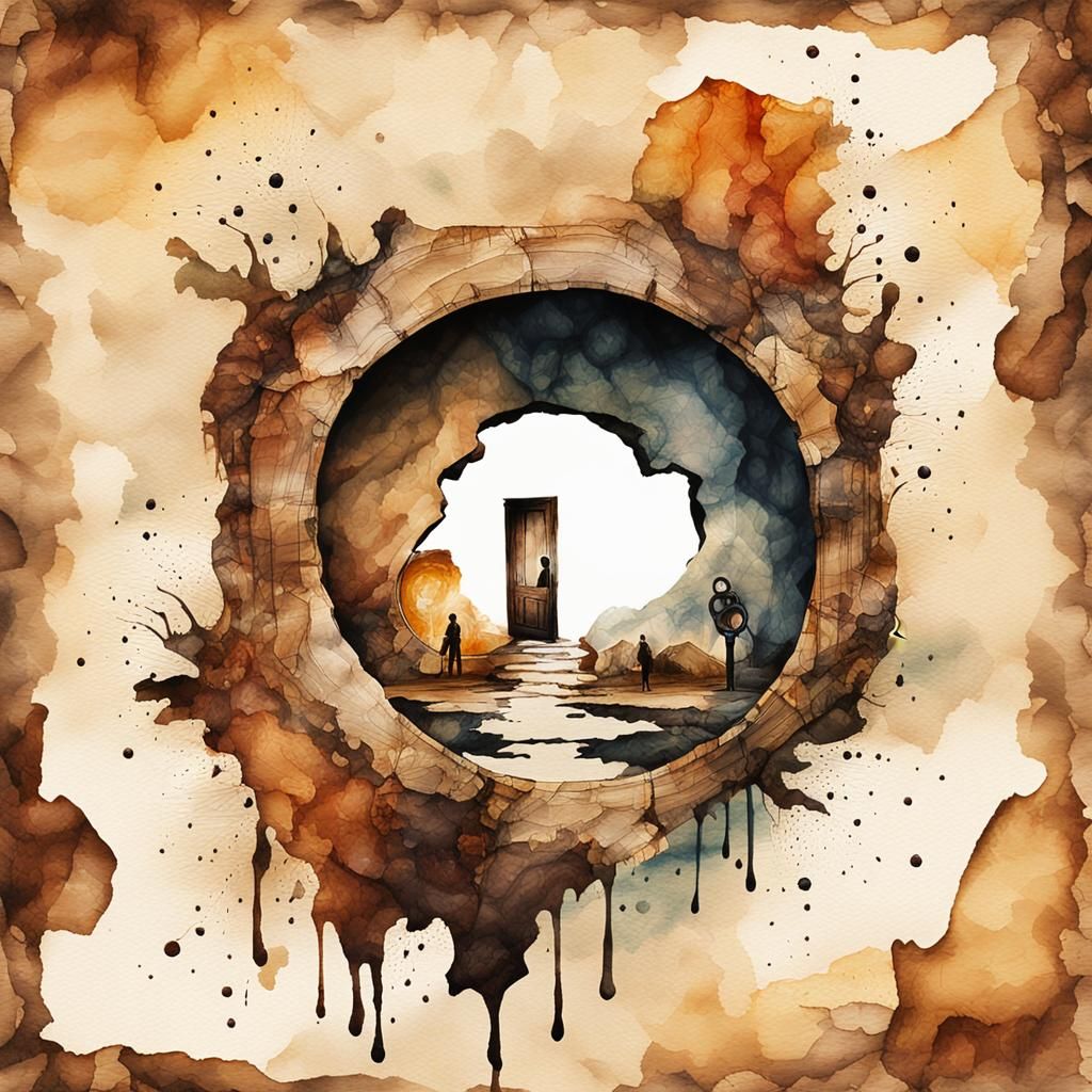 Surreal Keyhole Portal: Double Exposure Ink Painting