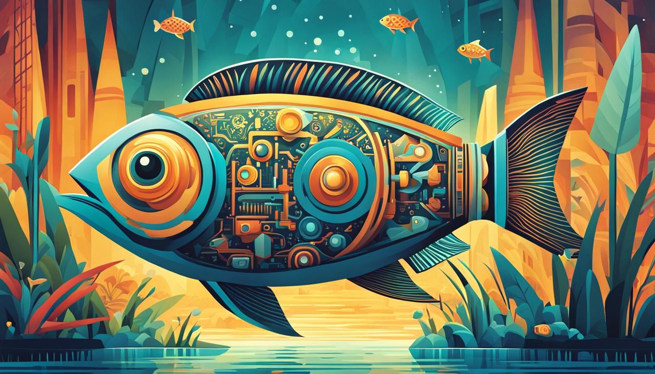 Cubist Robot-Fish in Jungle River, Typography Art