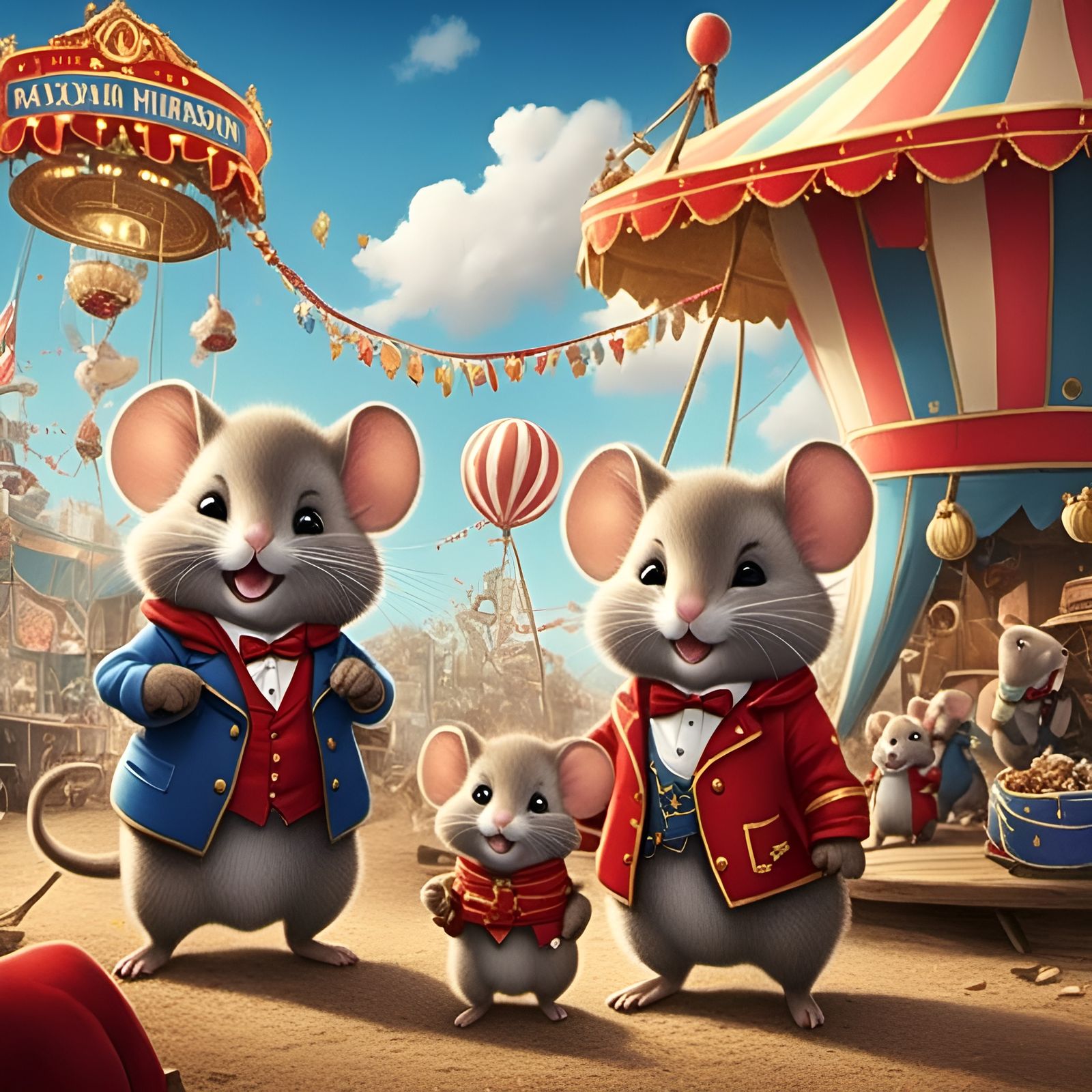 Two adorable cute mice characters with a little mouse at the circus.