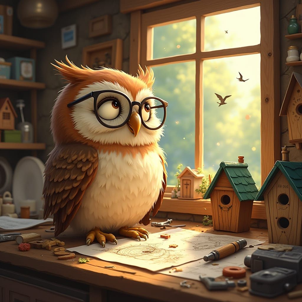Wise Owl Crafts Birdhouses in Cozy Cabin Illustration