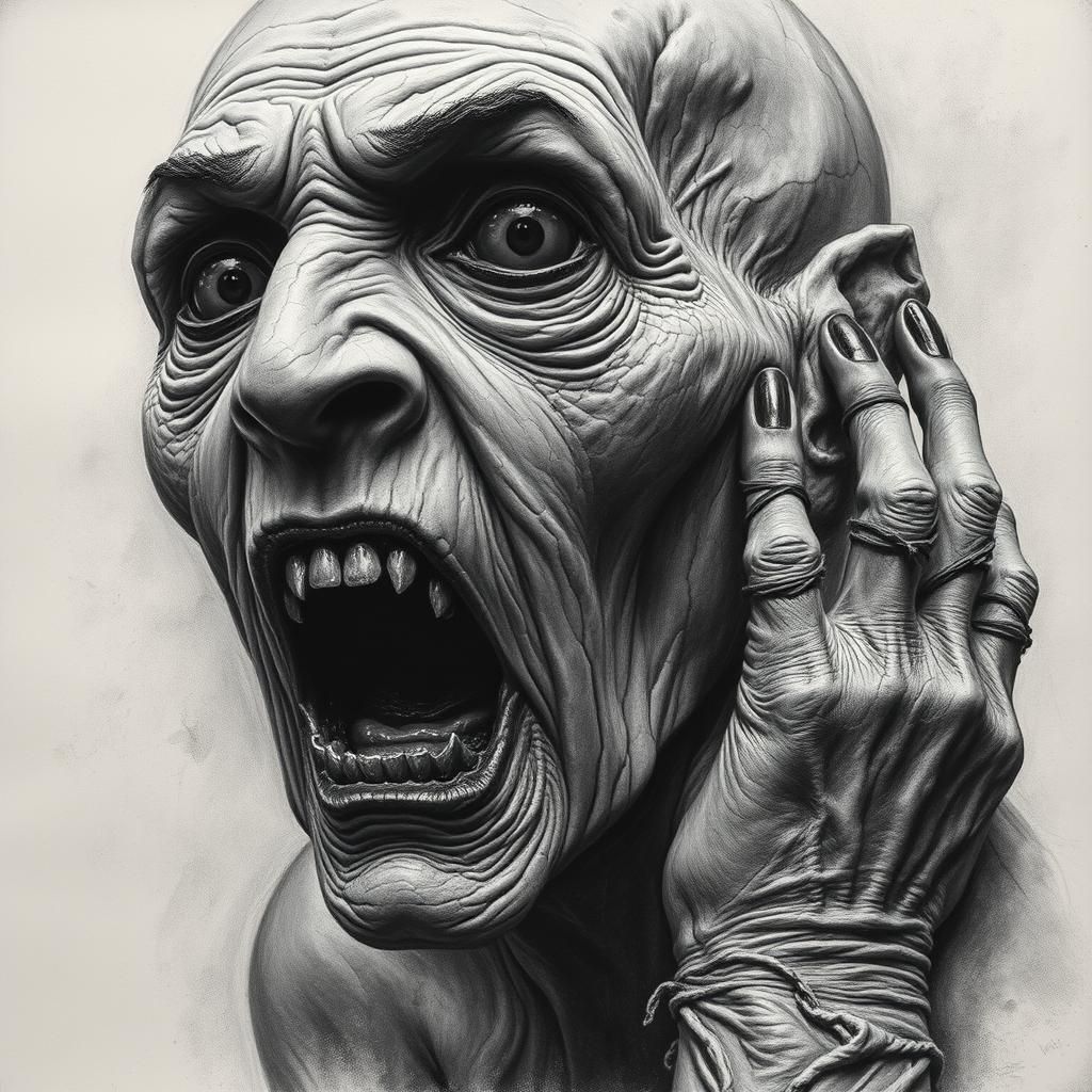 Ancient Face Expressing Terror in Charcoal Drawing