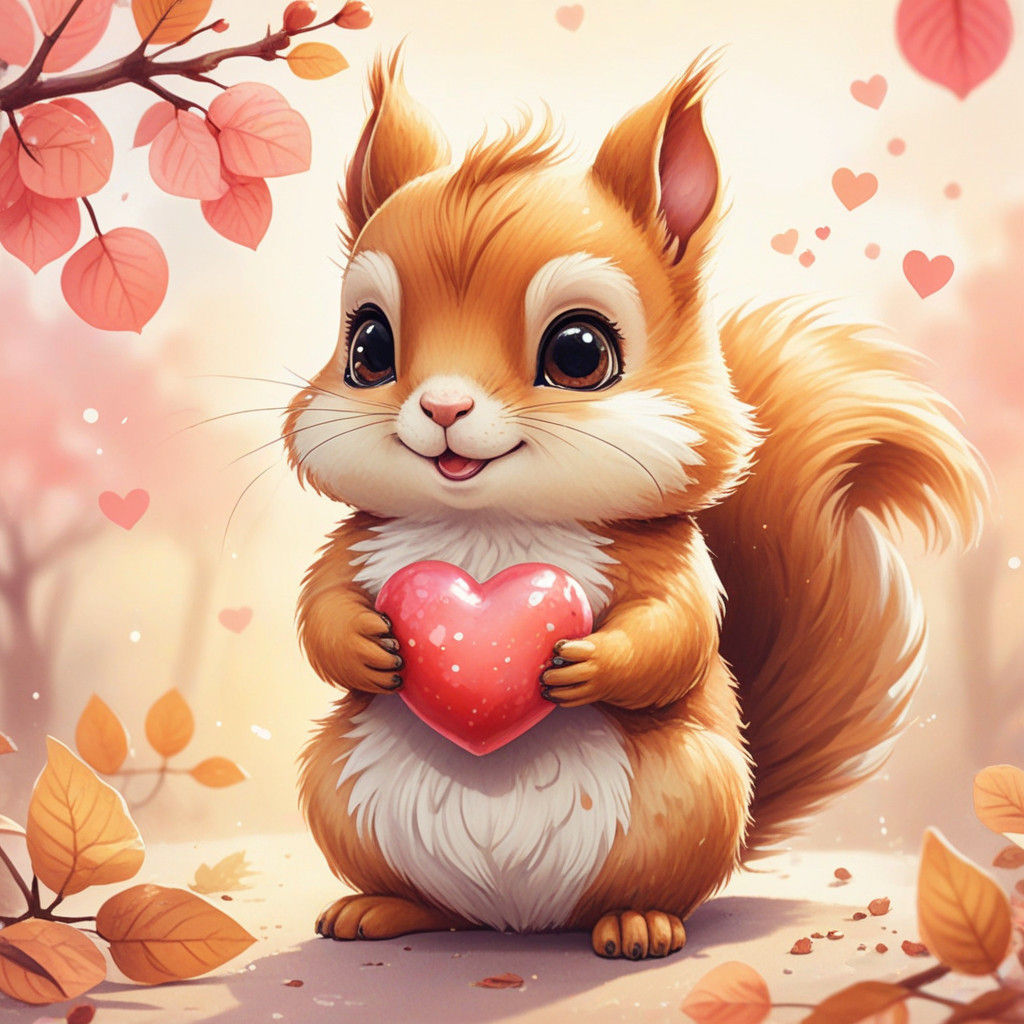 Whimsical Chibi Squirrel Delights with Heart-Shaped Gift