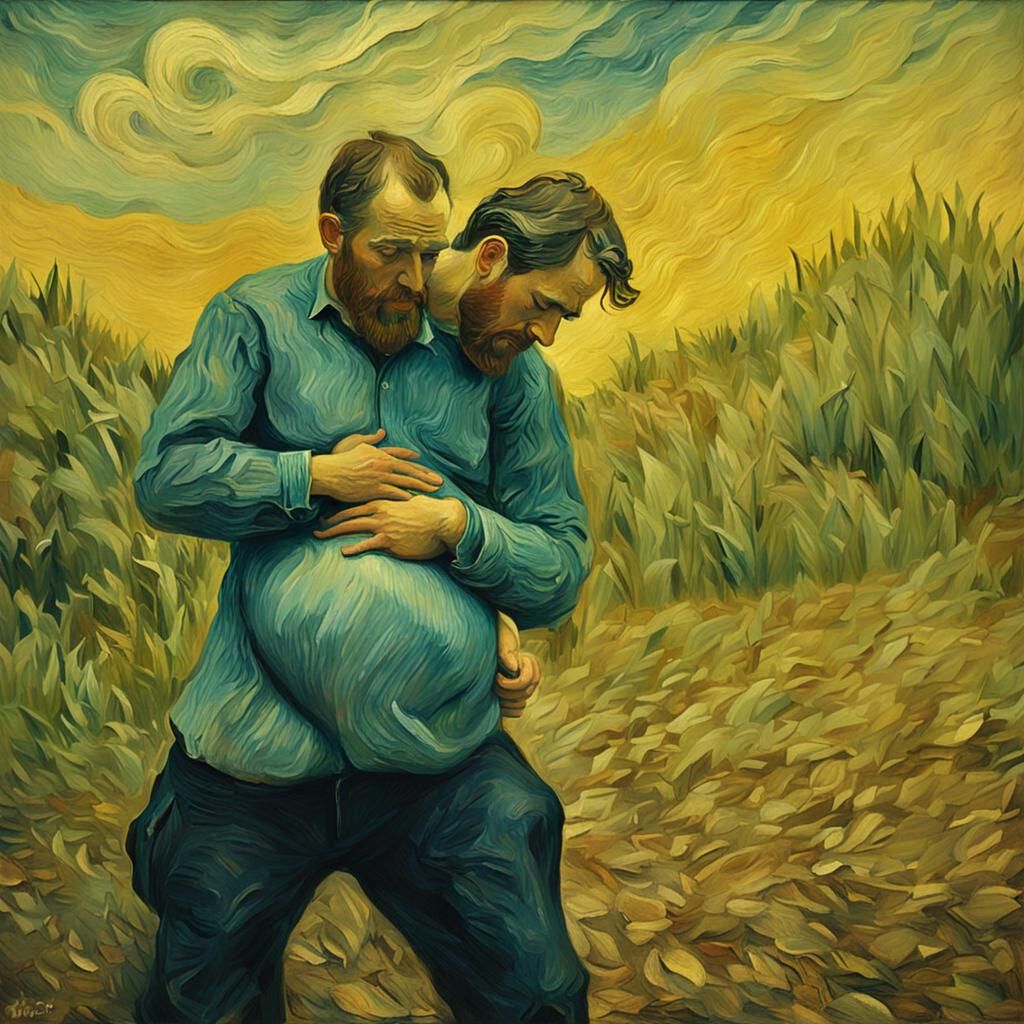 A painting in the style of van Gogh of a man rubbing his pregnant belly. That’s right, a pregnant man! He is happy.