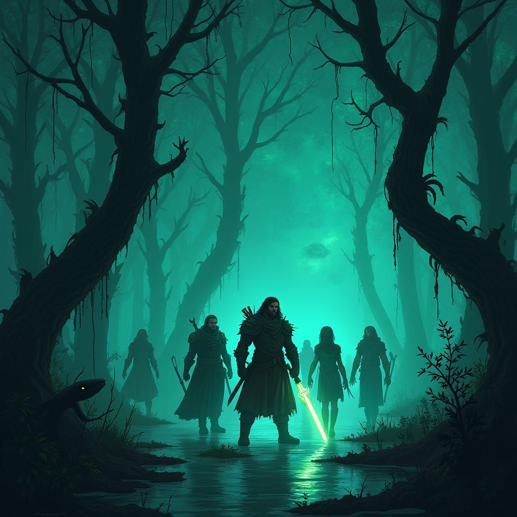 Heroic Warriors Navigate a Twilit Swamp with Glowing Mangrov...