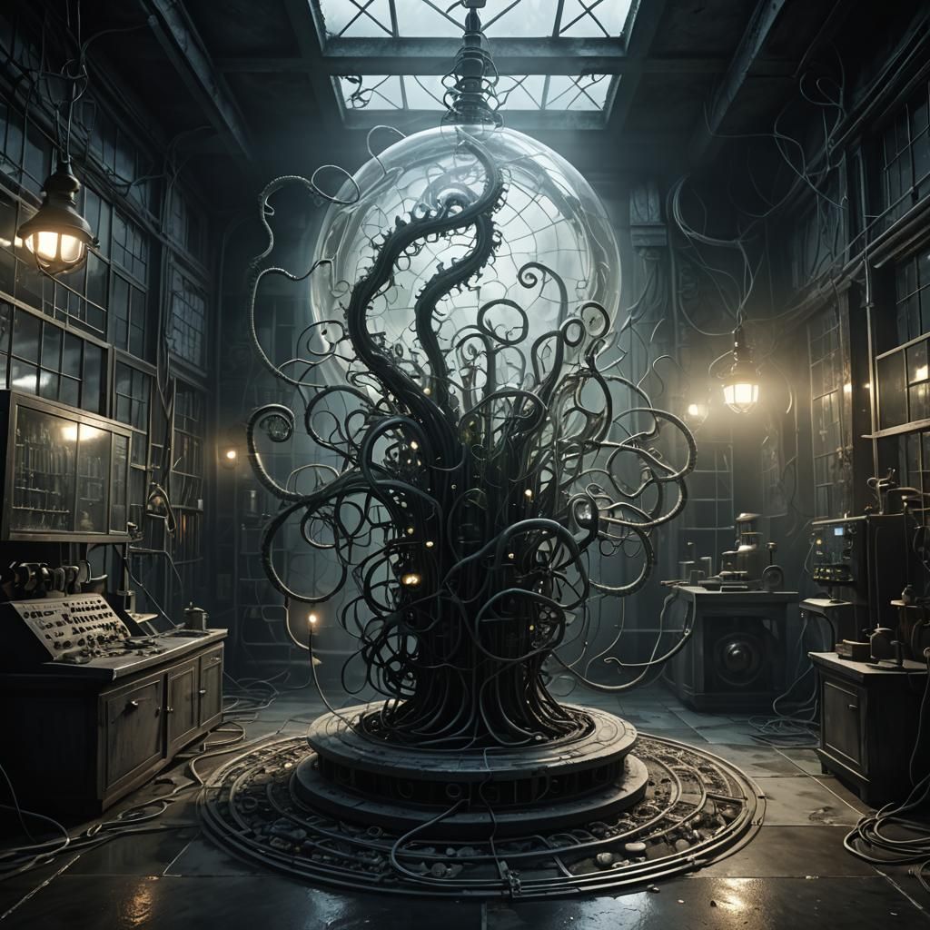 Biomechanical Glass A in Abandoned Lab, 3D Render