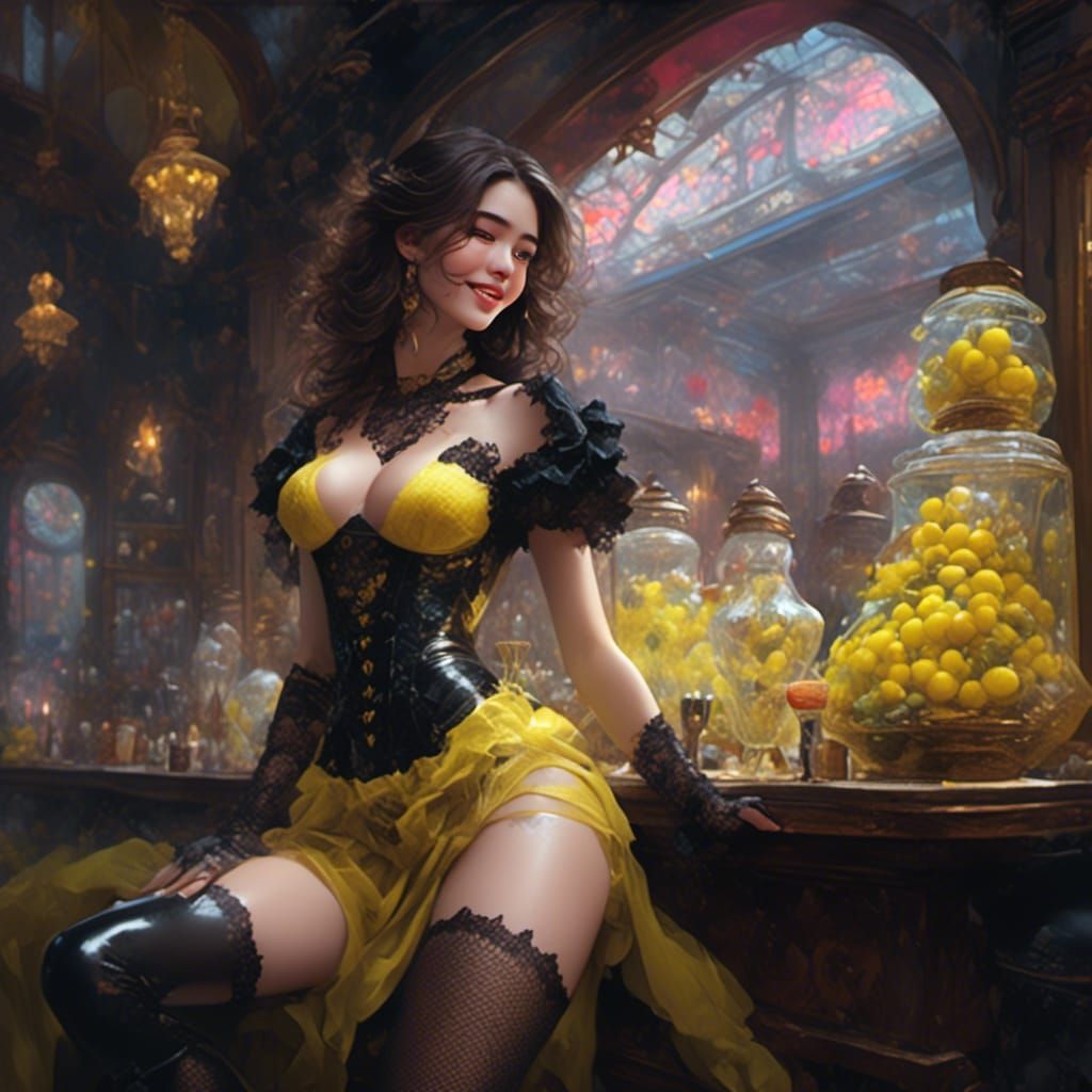 Victorian Woman in Yellow Corset in Crowded Pub