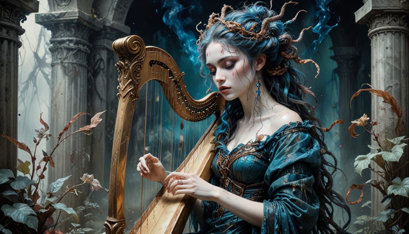 Radiant Harlequin Medusa Plays Harp in a Smoky Mausoleum
