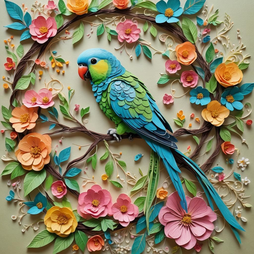 Colorful Parakeet in Flower Web: Watercolor Art