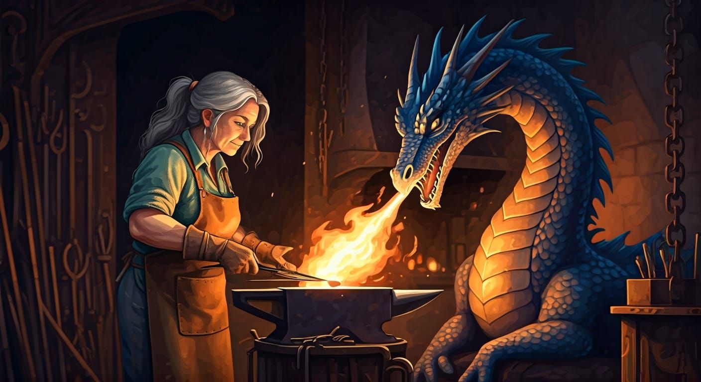 Blacksmith and Dragon Companion in Watercolor Style