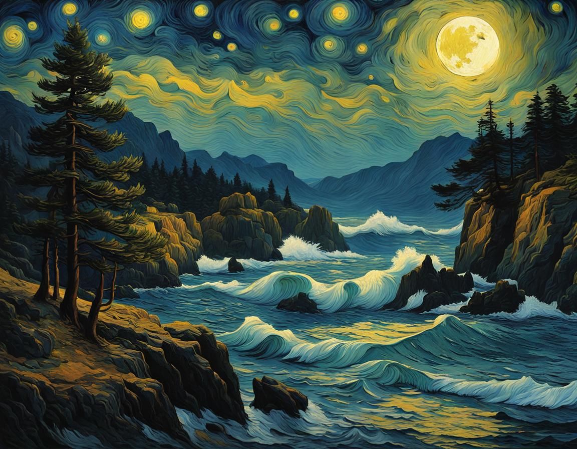 Starry Gothic Seascape in Van Gogh Style