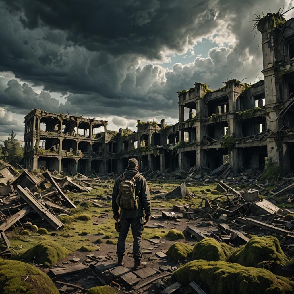 Post-Apocalyptic Survivor in Desolate Landscape