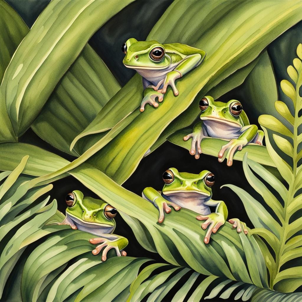 Hyperrealistic Watercolor Spring Peepers Under Ferns