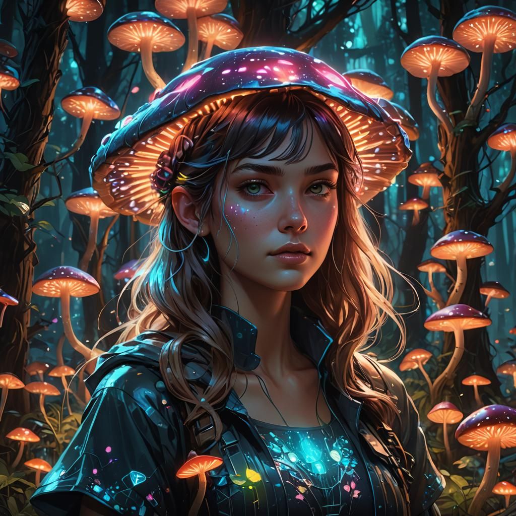Bioluminescent Girl in Mushroom Forest, Digital Art