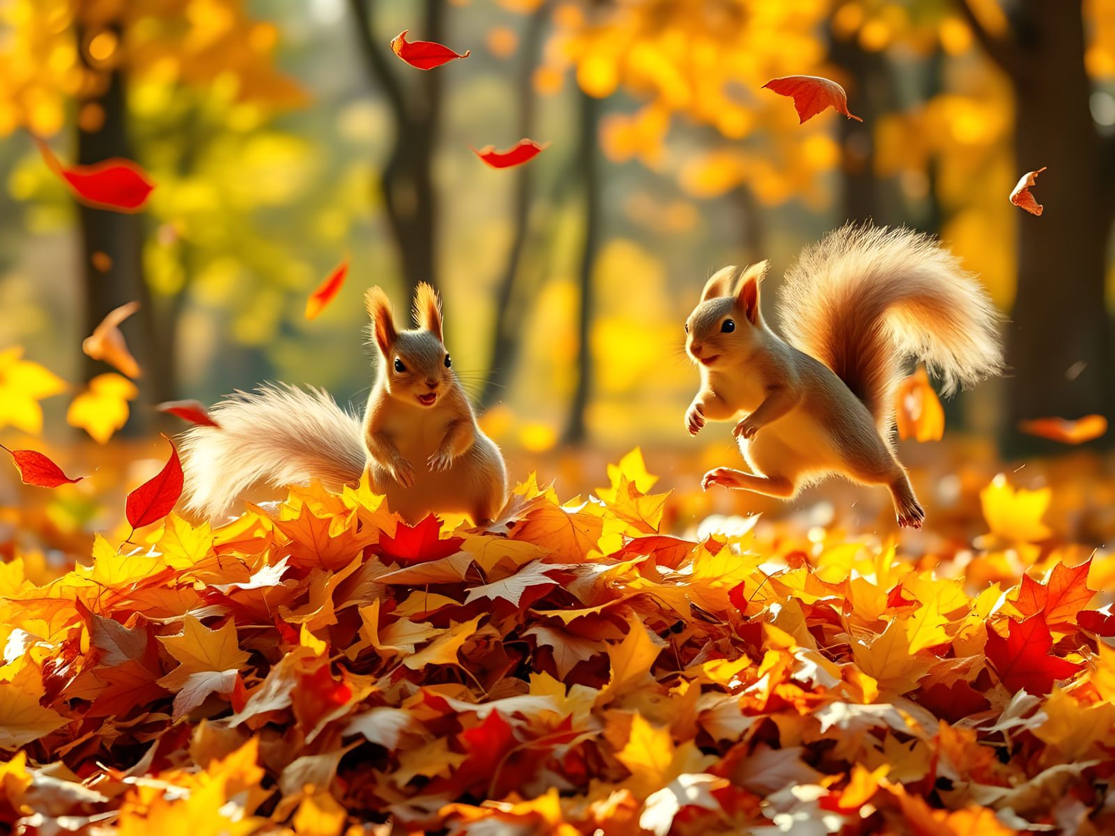 Energetic Squirrels Play in Vibrant Autumn Forest