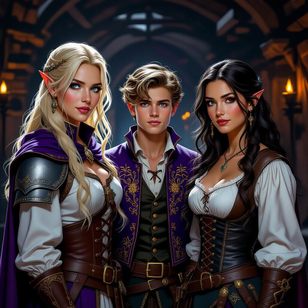 Four Adventurers in Dimly Lit Medieval Setting