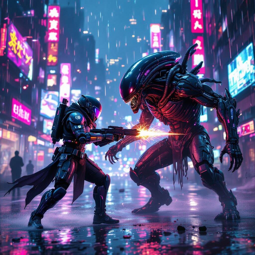 Cyberpunk Warrior Battles Alien in Neon Metropolis