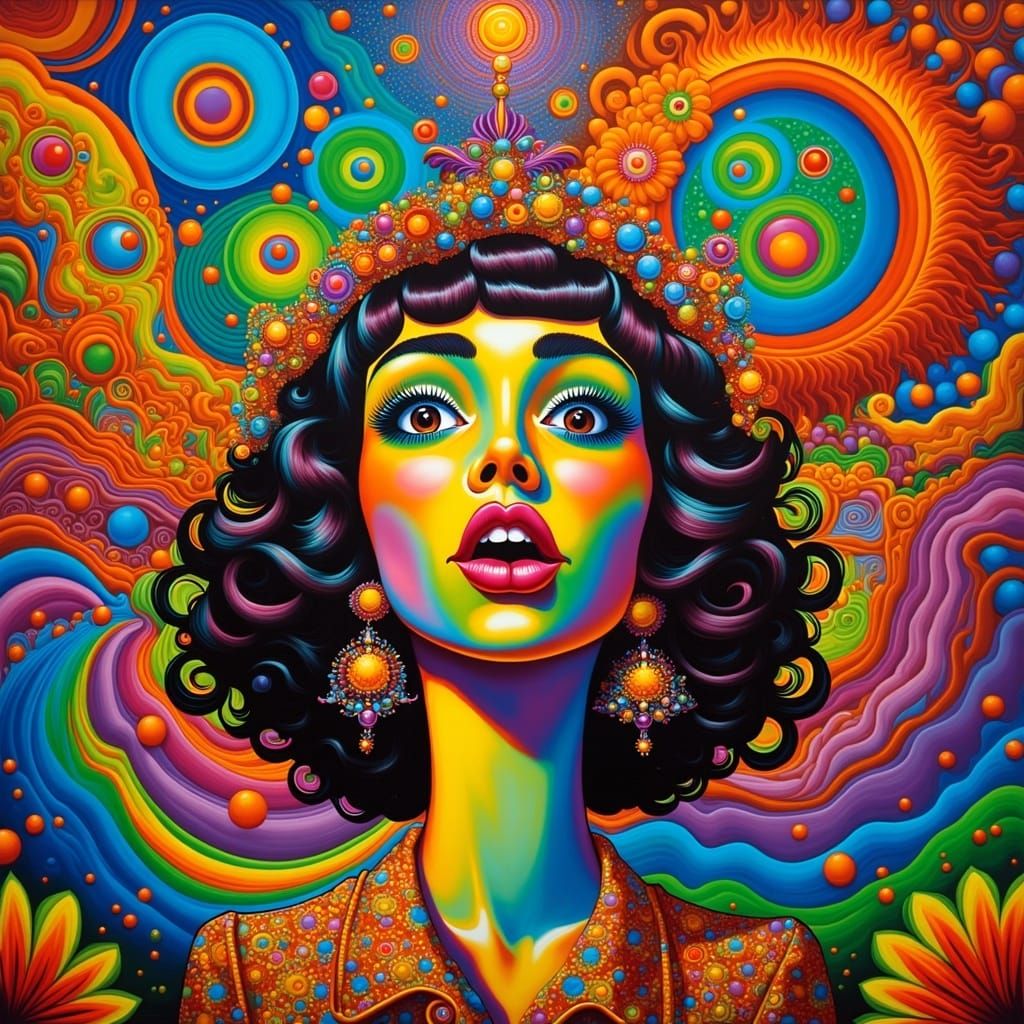 Vibrant Psychedelic Woman in Swirling Colors and Shapes