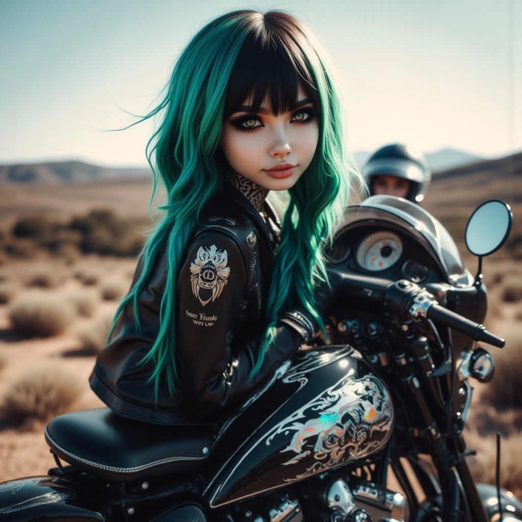 Girl with Braided Hair by Motorcycle in Pop Surrealism