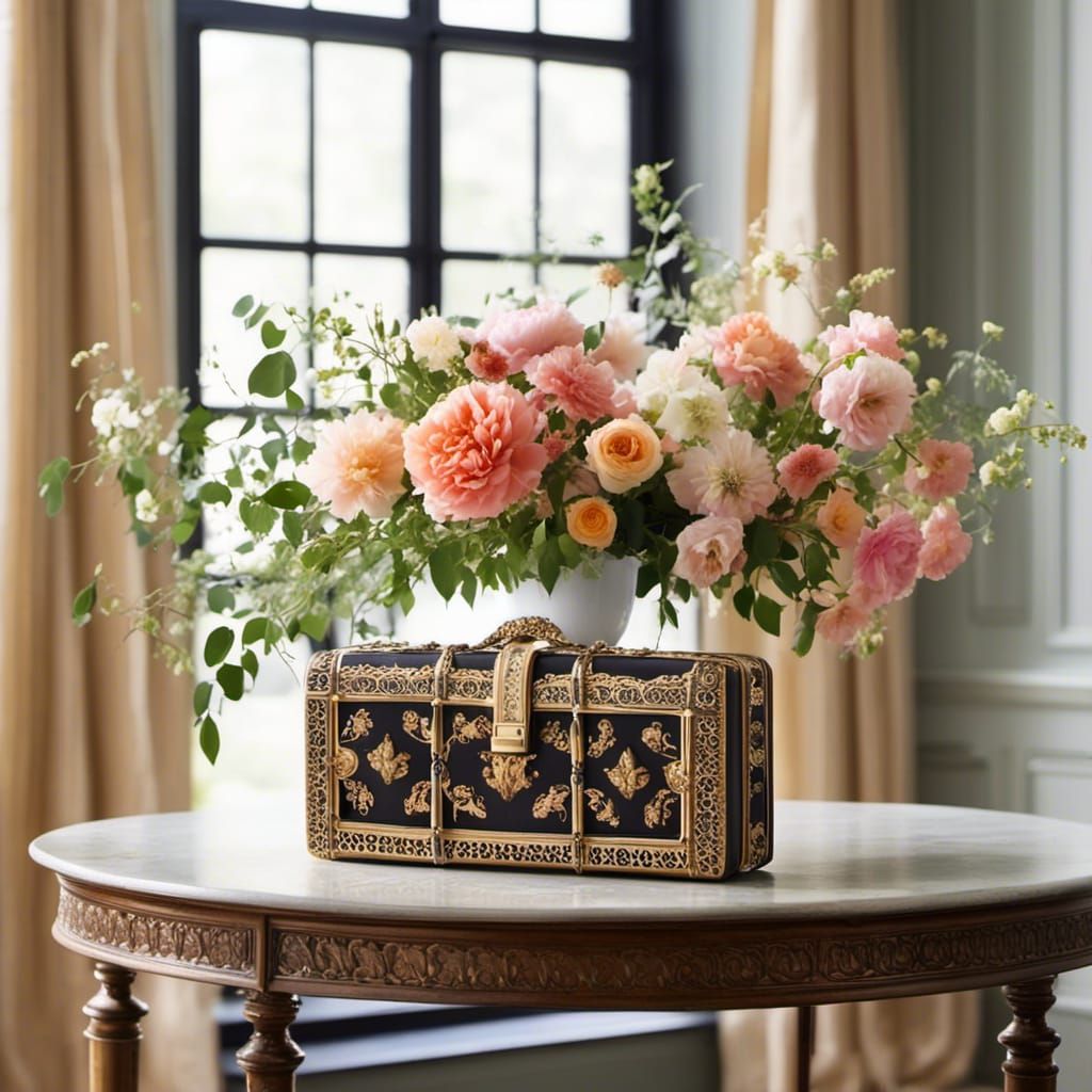 Designer Purse Surrounded by Floral Elements