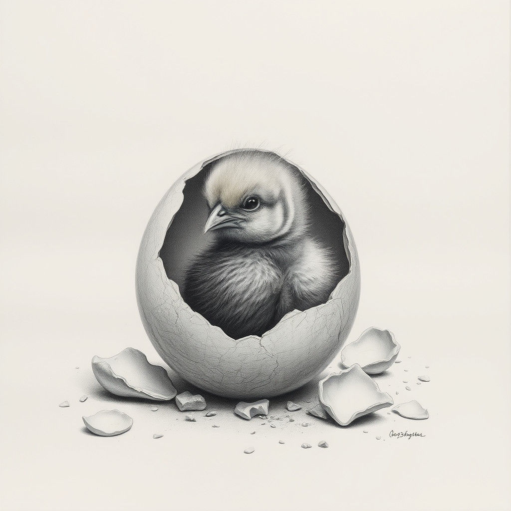 Chick Hatching: Detailed Charcoal Drawing