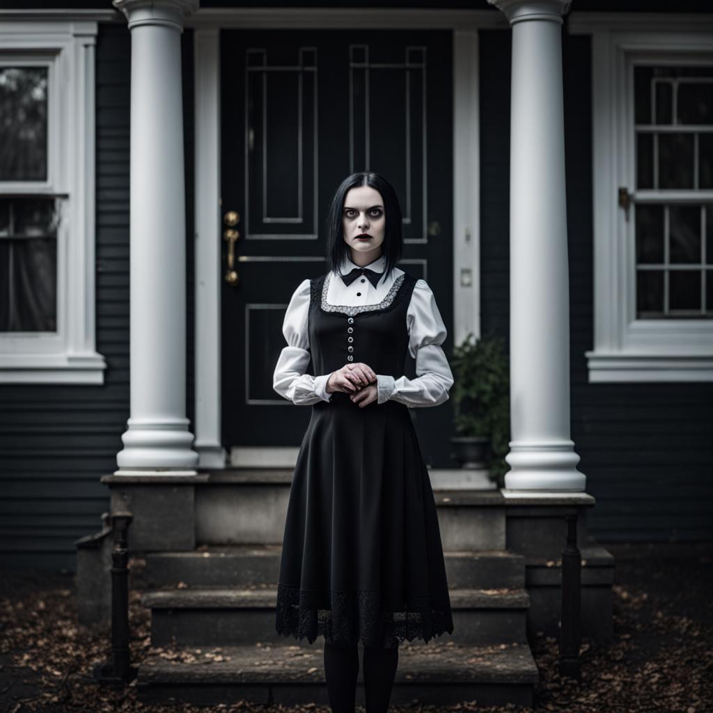 Creepy Wednesday Addams in Black Lace Dress