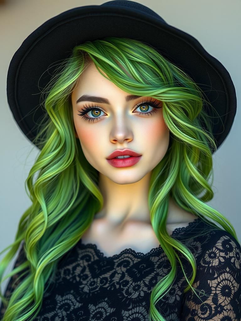 Stunning Woman with Neon Green Hair in Lace Dress