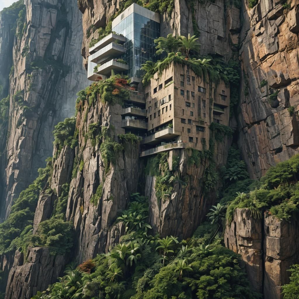 Verdant Skyscraper Built Into Cliffside: Digital Art