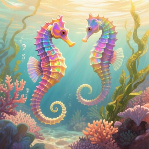 Iridescent Seahorses in Sunlit Coral Reef: Dreamy Digital Ar...