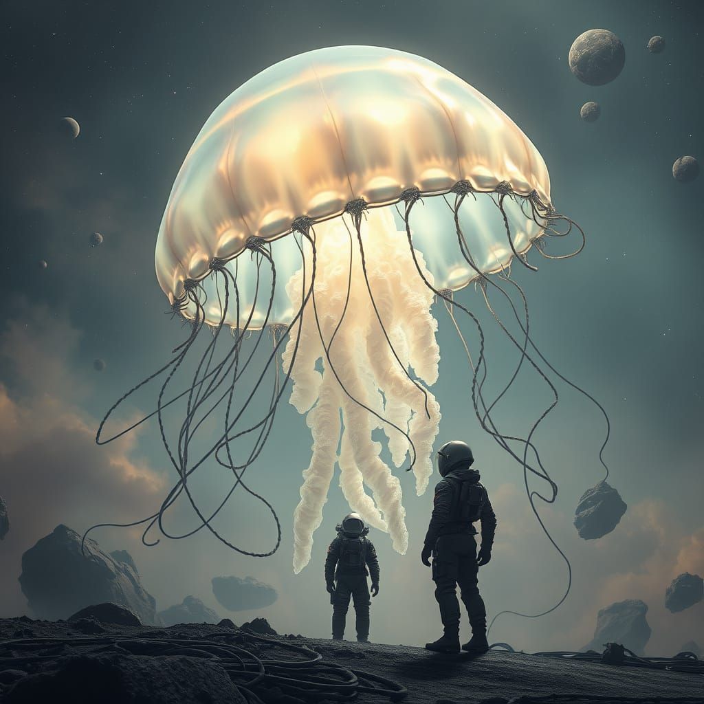 Biomechanical Jellyfish Floats Through Space in Surrealist S...