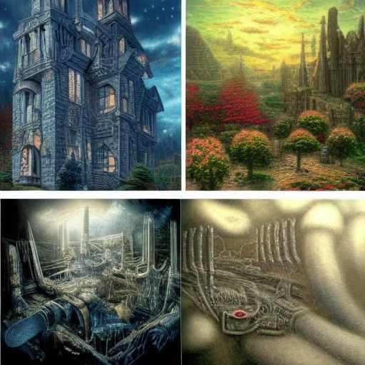 Giger vs Kinkade: Biomechanical Meets Idyllic Landscape