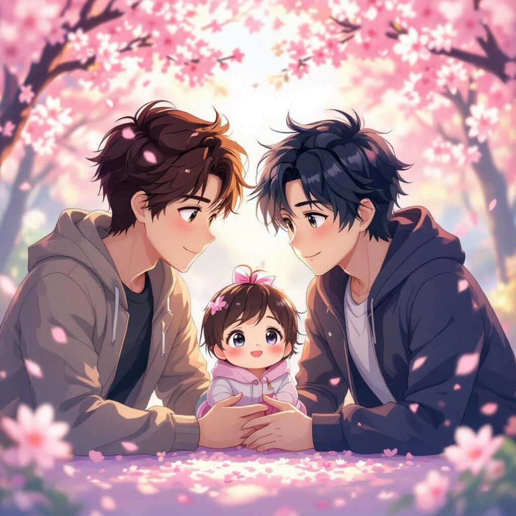 Anime Style Trio Adoring Baby Saja Amidst Cherry Blossoms