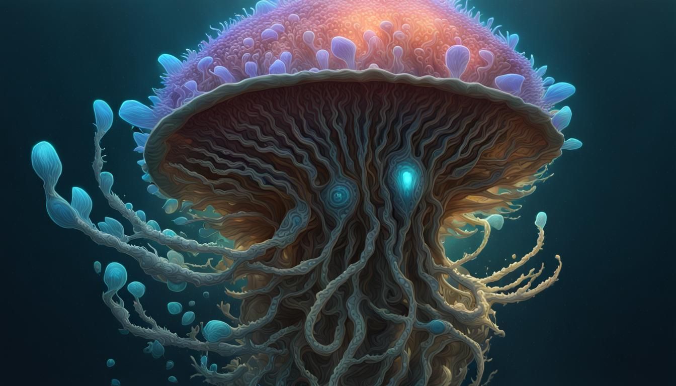 Bioluminescent Deep Sea Spore Colony: Hyperrealistic Fantasy