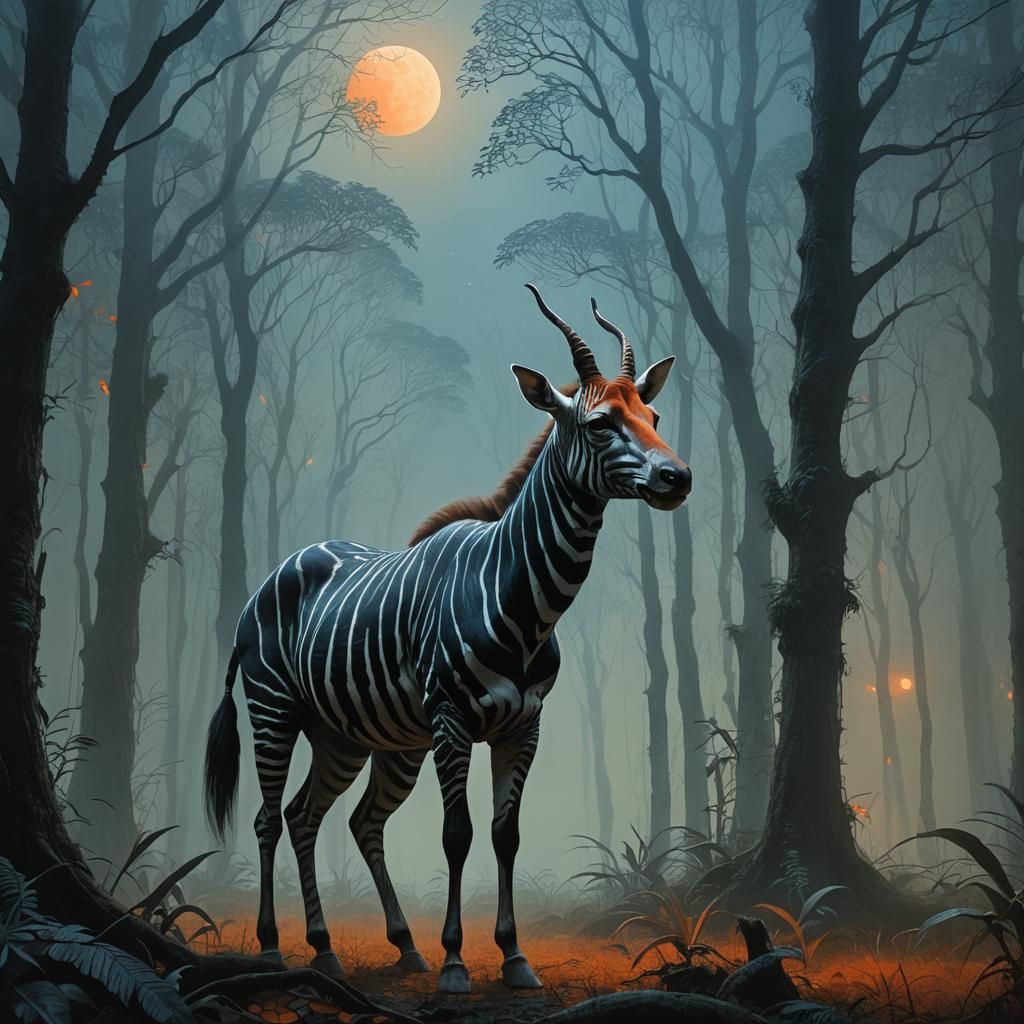 Okapi in Moonlit Forest, Beksiński-Inspired Fantasy Art