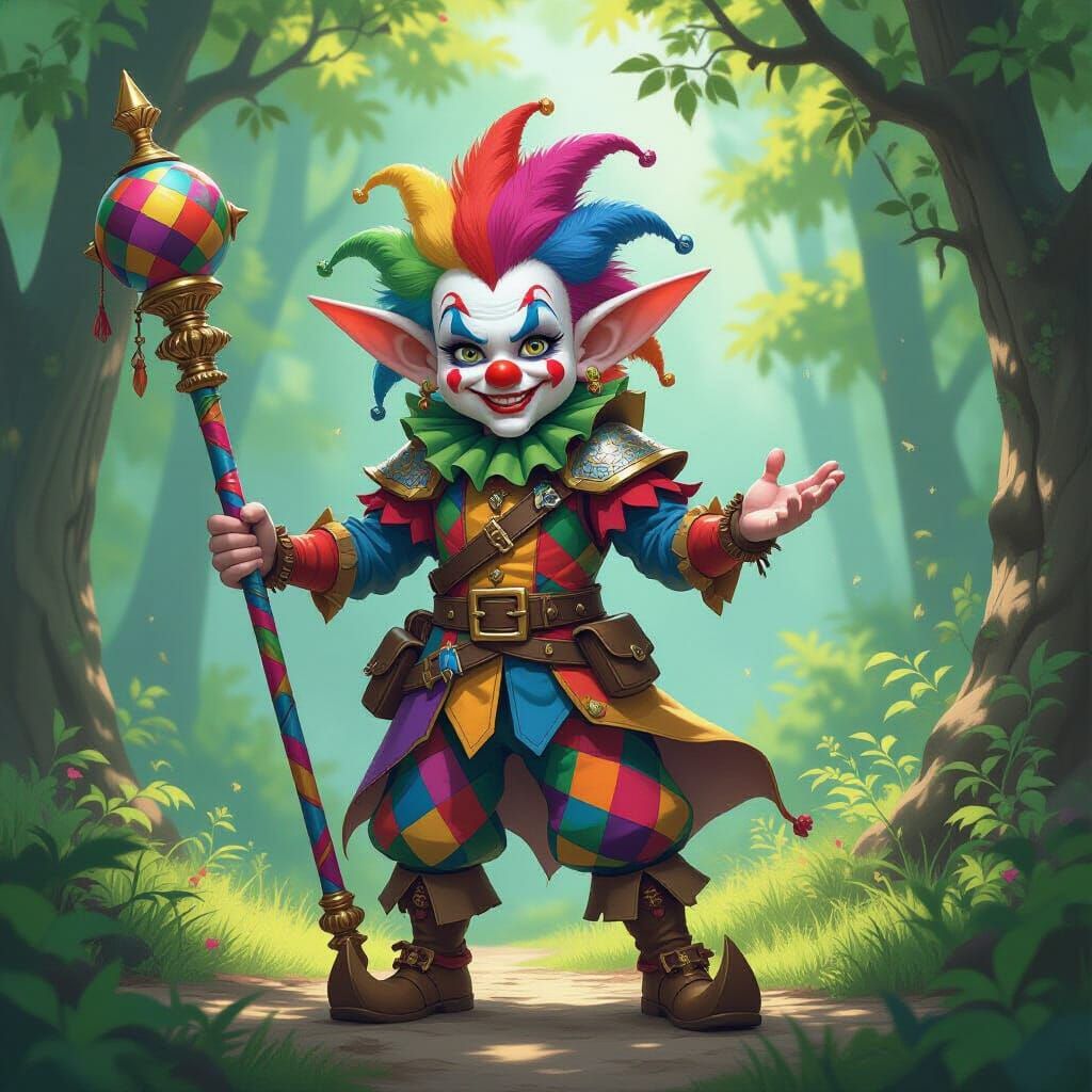Whimsical Clown Elf Warrior in Enchanted Forest