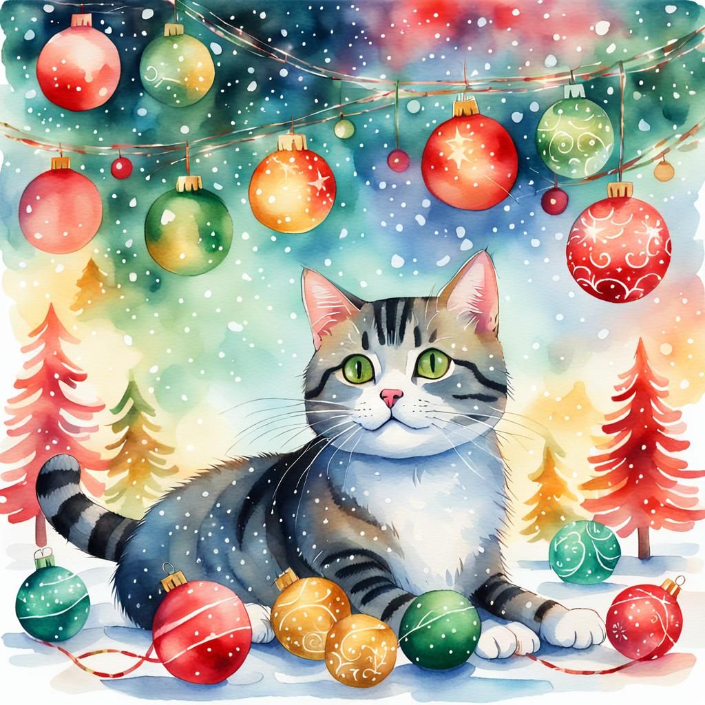 Festive Cat Playing: A Whimsical Watercolor Christmas