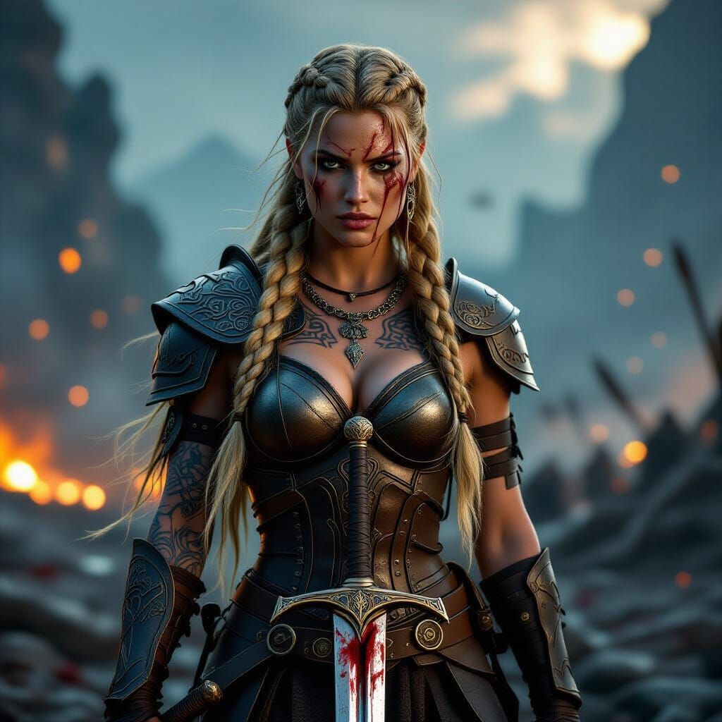 Valkyrie Warrior on Battlefield, Hyperrealistic Illustration