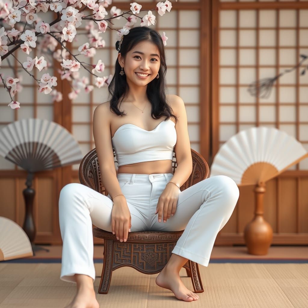 Japanese Woman in Traditional Attire on Ornate Chair