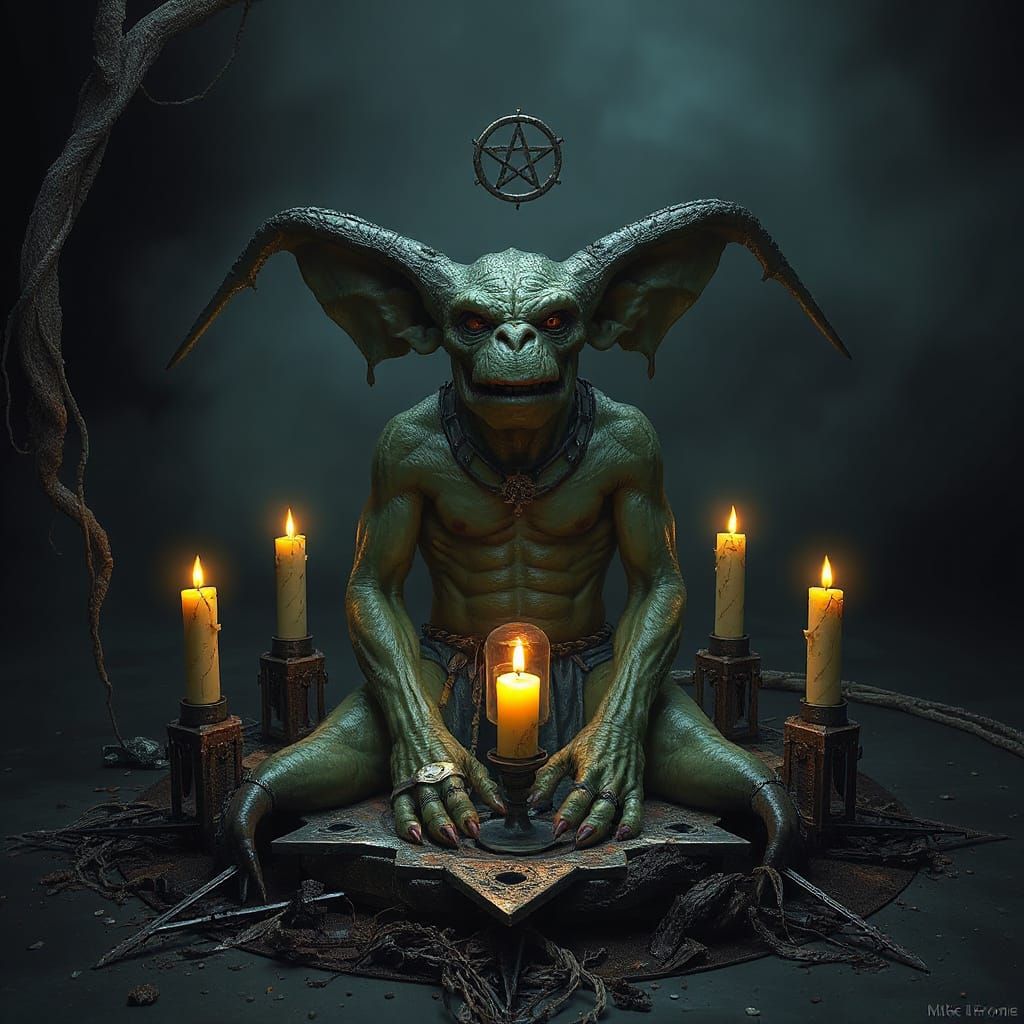 Futuristic Troll in Candlelit Pentagram