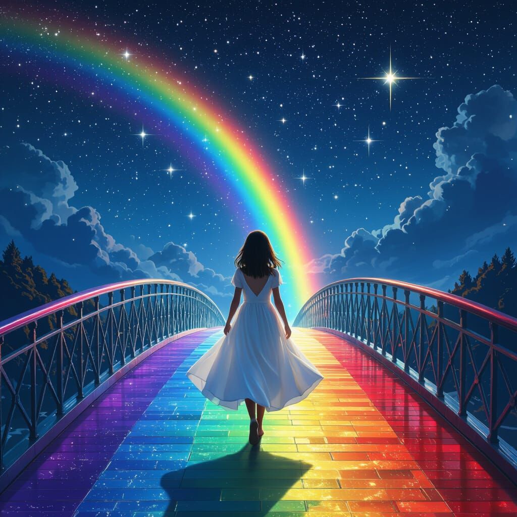 Girl on Rainbow Bridge Under Starry Sky