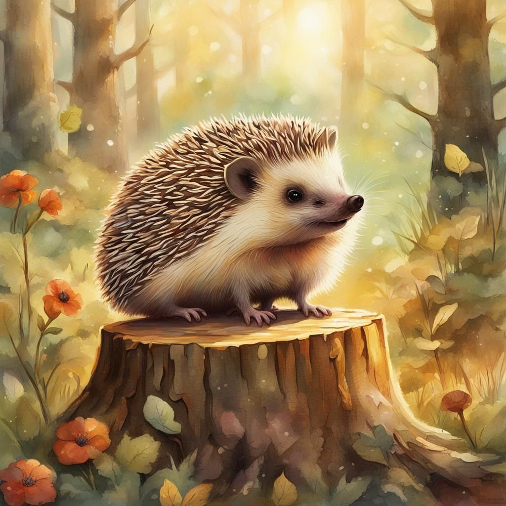 Charming Hedgehog Sings in Forest Glade Watercolor