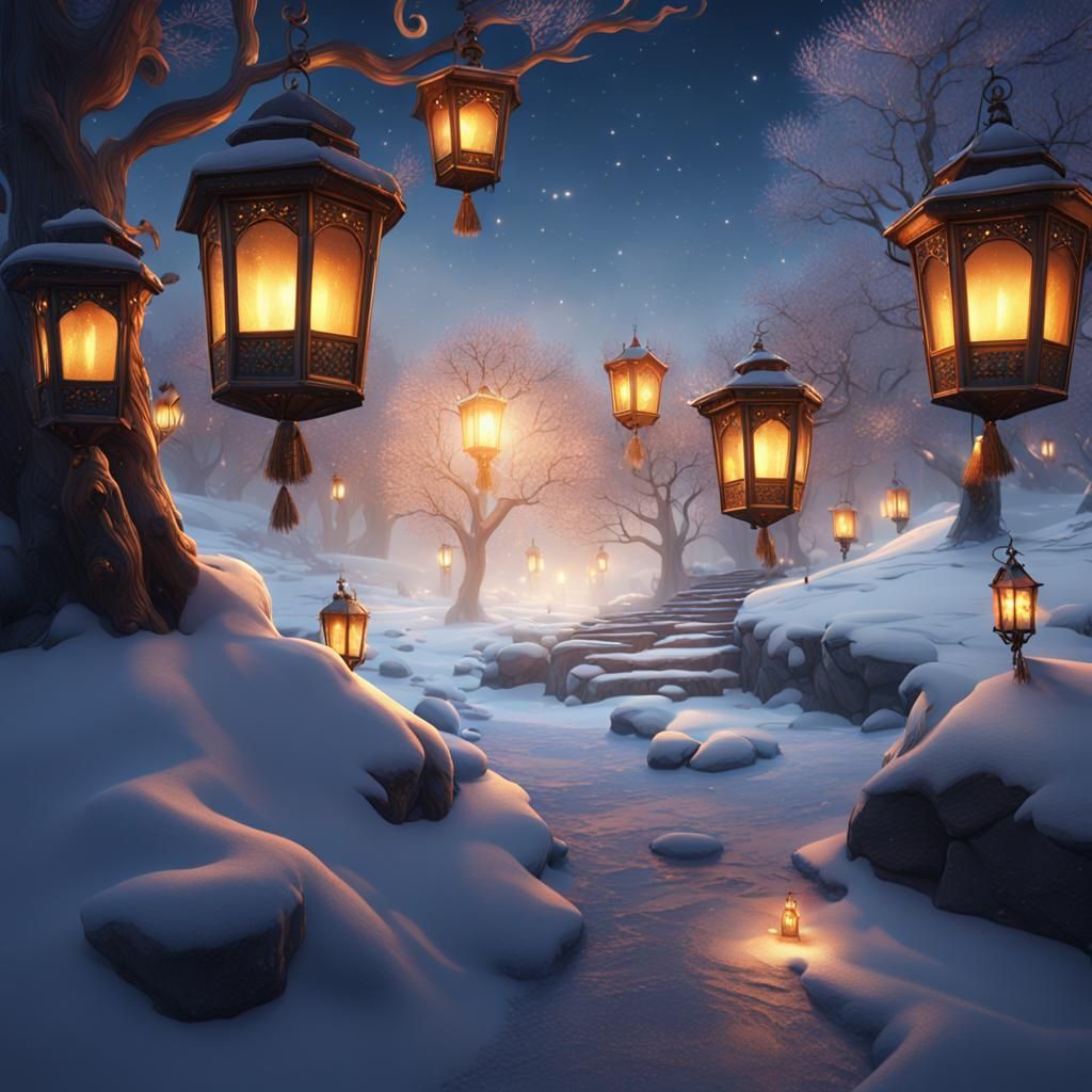 Lanterns Glow in Winter Wonderland: Fantasy Concept Art